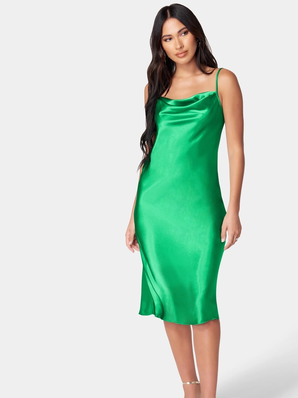 EUC Bebe Satin Cowl Neck Slip Midi Dress